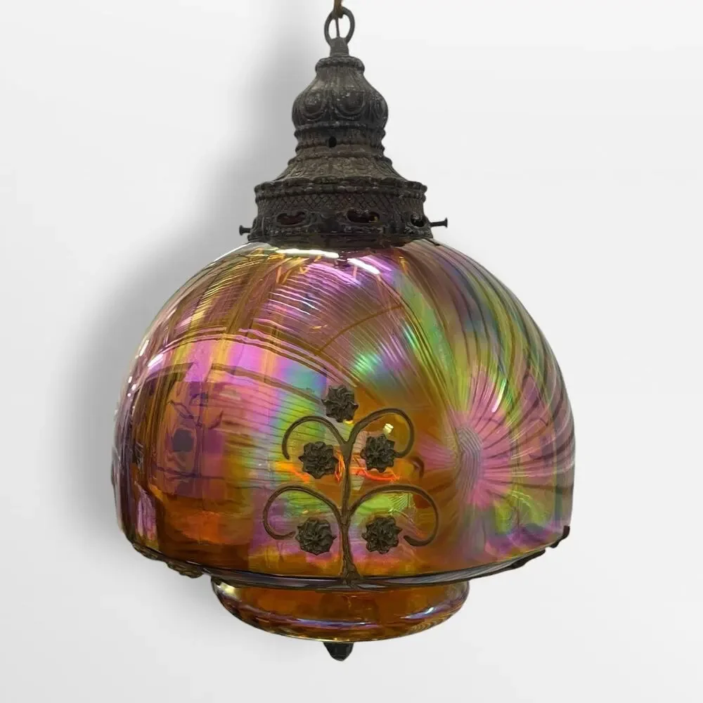 Vintage 1950s Falkenstein Style Amber Carnival Glass Hanging Swag Lamp
